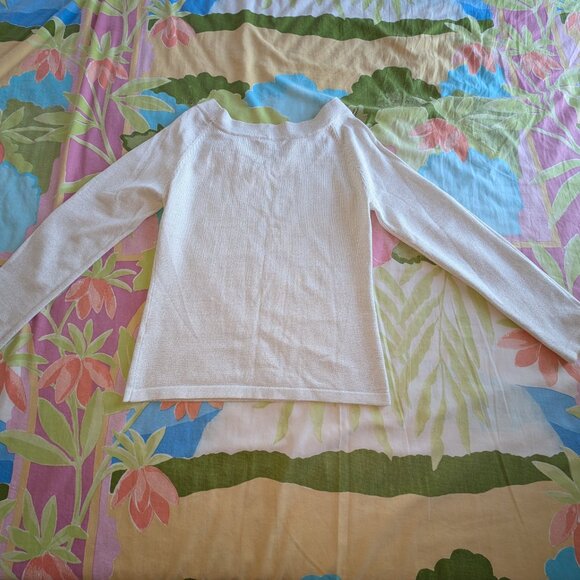 Debbiie & Morgan Metallic Silver woven Acrylic White Sz M Off Shoulder Sweater - Picture 12 of 14